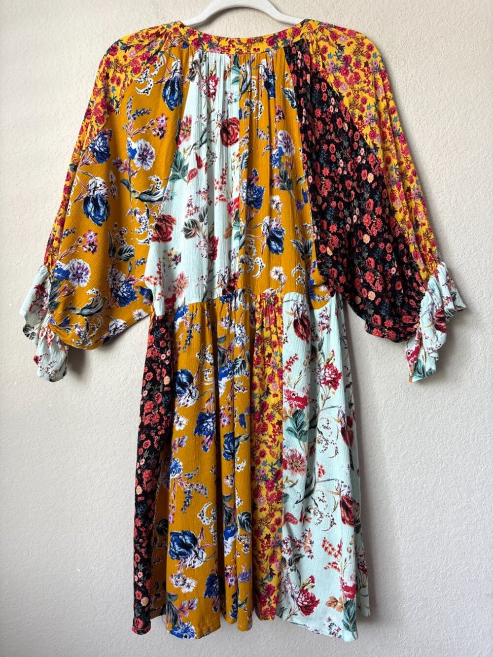 Umgee Boho Floral Mixed Print Split Neck Babydoll Peasant Mini Dress - Picture 8 of 10
